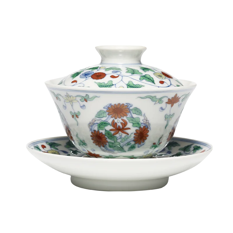 Guanfu Museum Imitation Mingcheng Fighting Color Chrysanthemum Pattern Sancai Gaiwan Tea Cup Master Cup Jingdezhen Tea Set Hand-