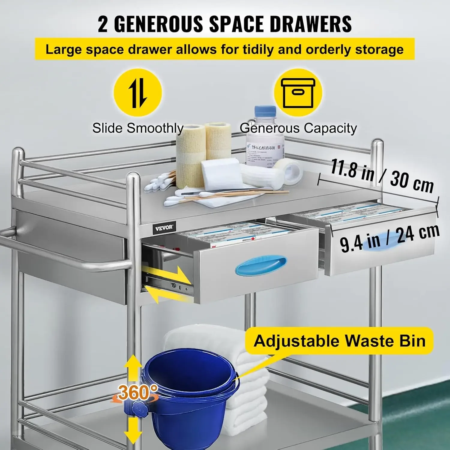 Lab Serving Cart Utility Cart Stainless Steel Medical Cart with Two Drawers for lab Equipment Use Grade I Stainless Steel