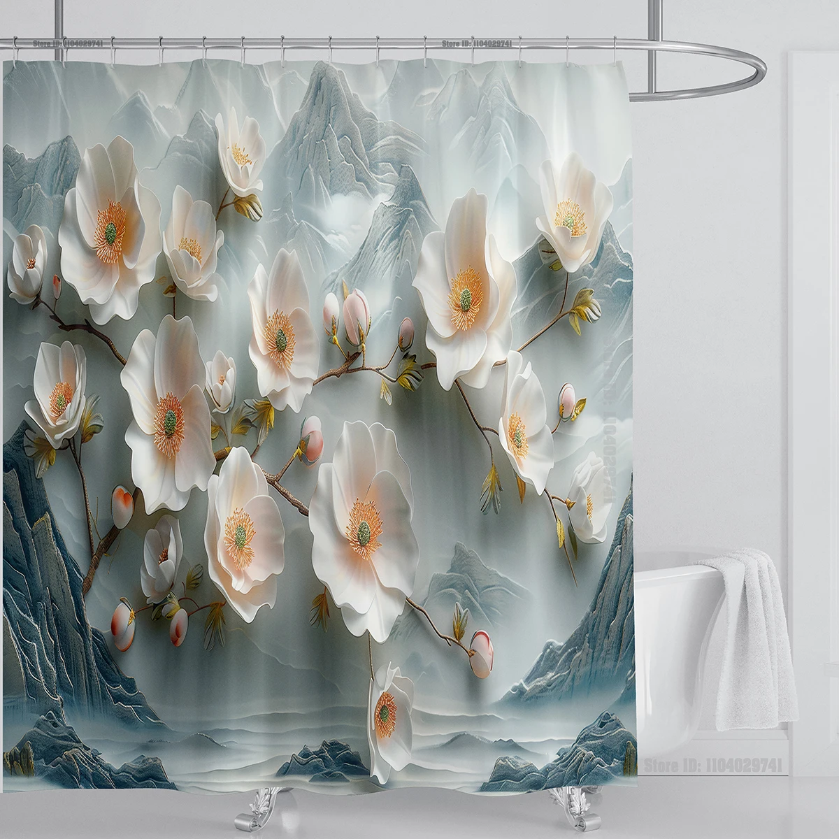 

3D Stereo beautiful flower printing bathroom curtain waterproof polyester shower curtain home decoration curtain with hooks