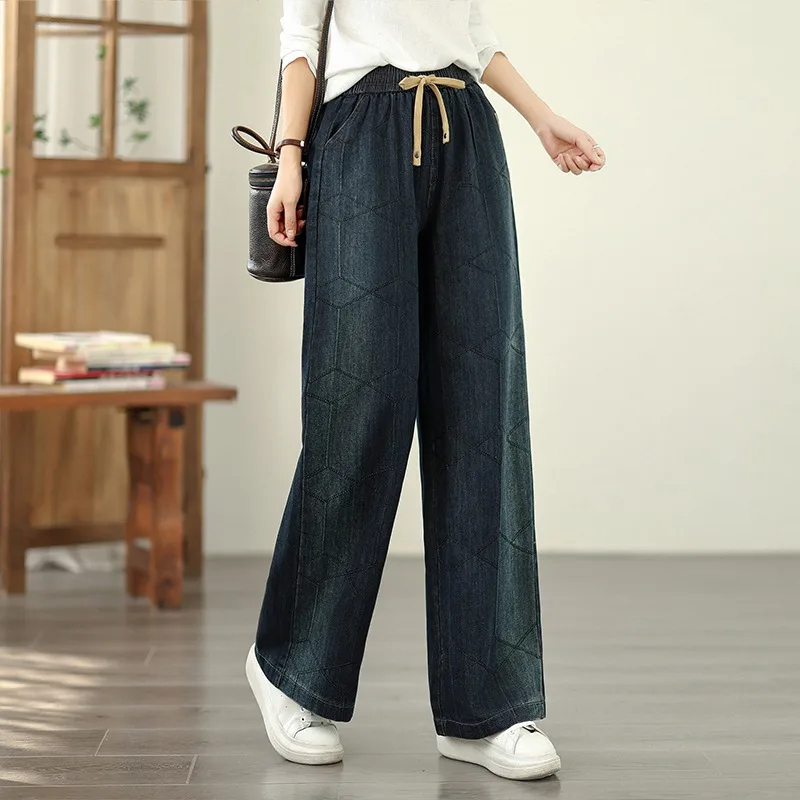 

Artistic Geometry Embroidery Waed Jeans Large Size Women Casual Straight Leg Wide Leg Pants Cotton Vintage Sle