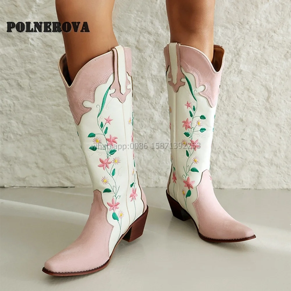 Embroider Mixed Colors Splicing Booty Pointed Toe Chunky Heels V-Cut Large Size Knee High Boots National Style Casual Shoes 2024