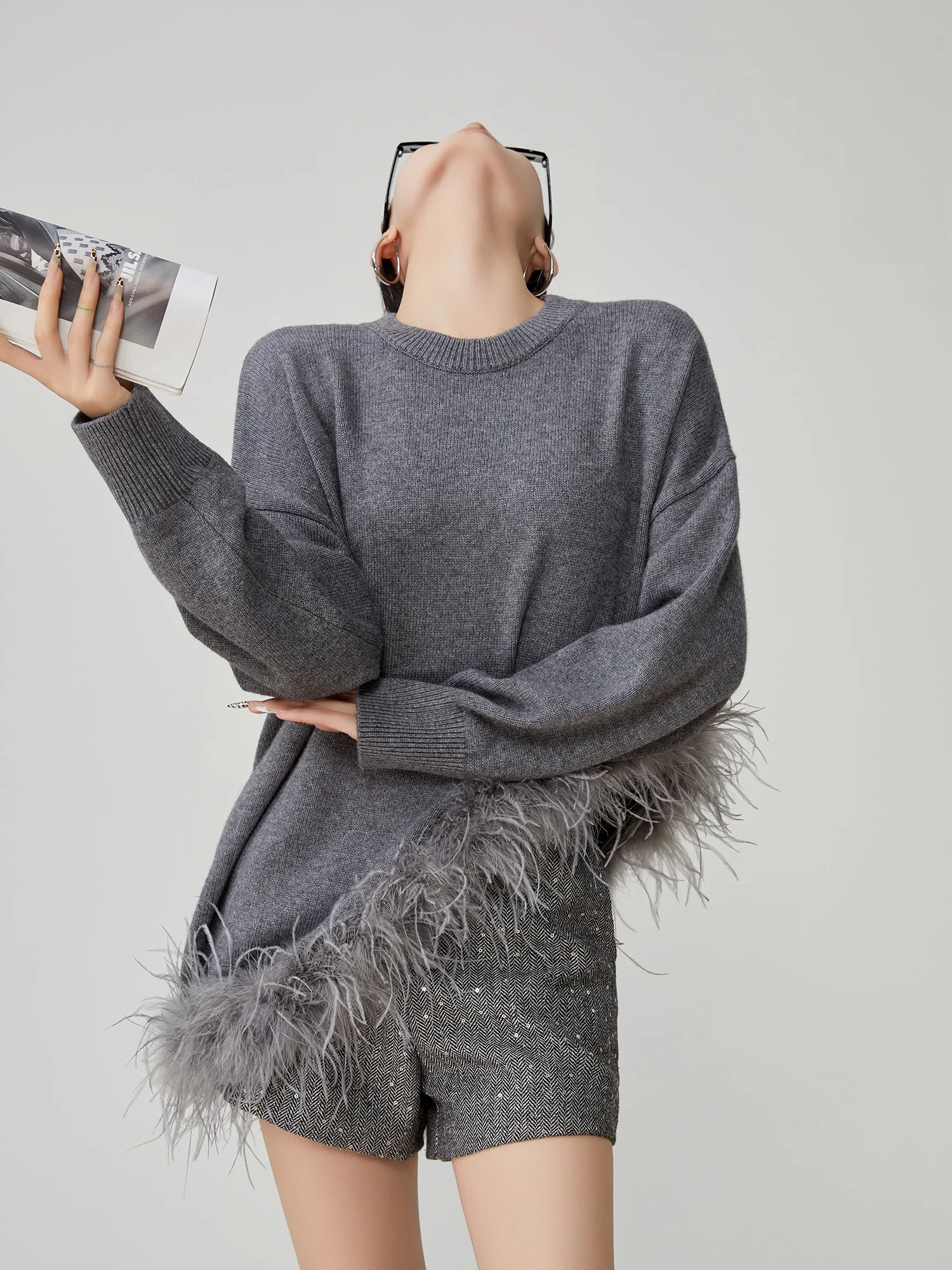 

Ay нерегулярный вязаный свитер со страусиными перьями, женский весенний новый дизайн, повседневный свитер на голову, свободный крой, длинный све