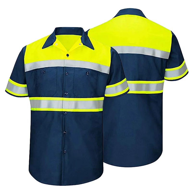 100% Cotton Shirt Short Sleeve Button Up Men with Reflective Stripes Construction Shirt Workwear Two Tone