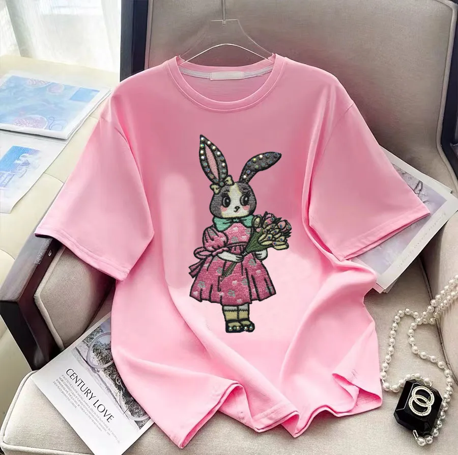 Beautiful Nail drilling Rabbit Sequins short-sleeved T-shirt women's 2025 Summer High Street Casual Loose Round Neck T-shirt