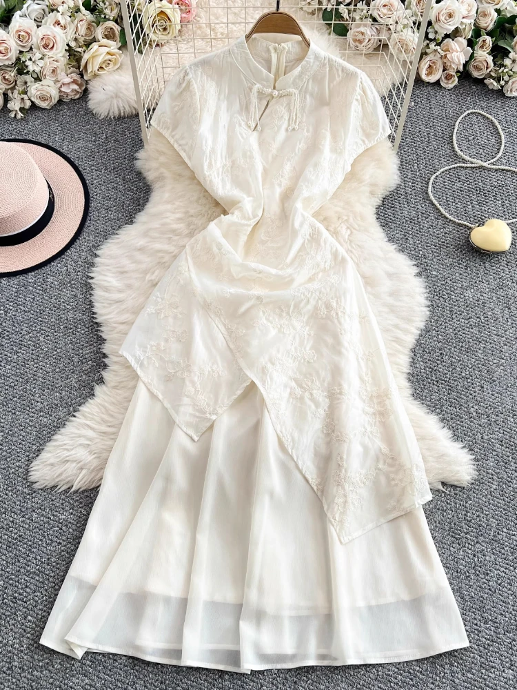 

Fashion Elegant Dress Stand Neck Irregular Embroidery Patchwork Dresses Solid Color Summer Chinese Style Women's Clothing 2025