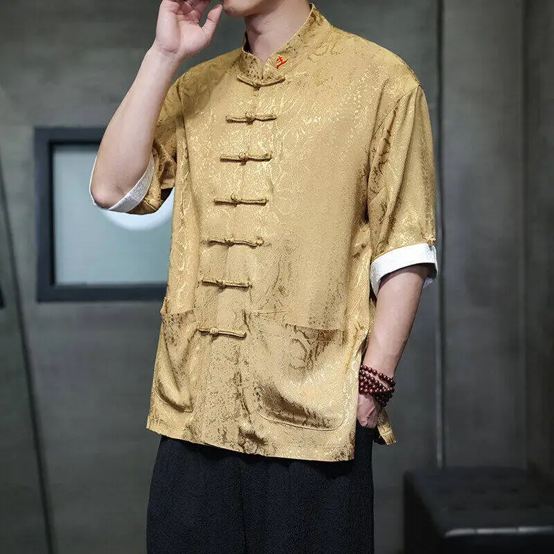 

Жаккардовая мужская рубашка в китайском стиле, повседневная рубашка ручной работы на пуговицах с короткими рукавами, свободный воротник-стойка, традиционная китайская одежда