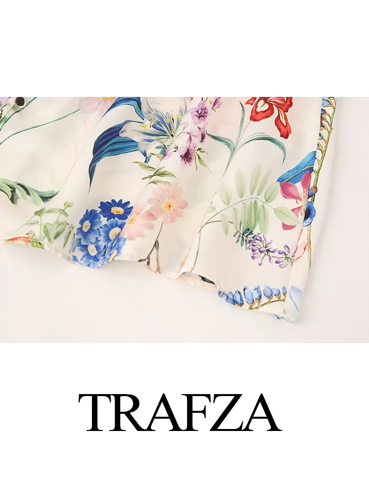 TRAFZA Woman Summer Dresses Trendy Print Turn-Down Collar Short Sleeve Belt Single Breasted Female Vintage Slim Mini Dress