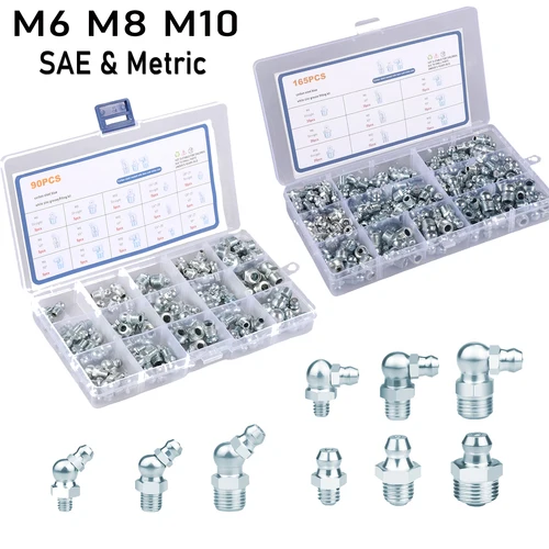 165/90 Uds SAE y accesorios de grasa métrica surtido NPT 1/4 ""1/8"" M6 M8 M10 Kit de accesorios de grasa recto 45 pistola de engrase de 90 grados F