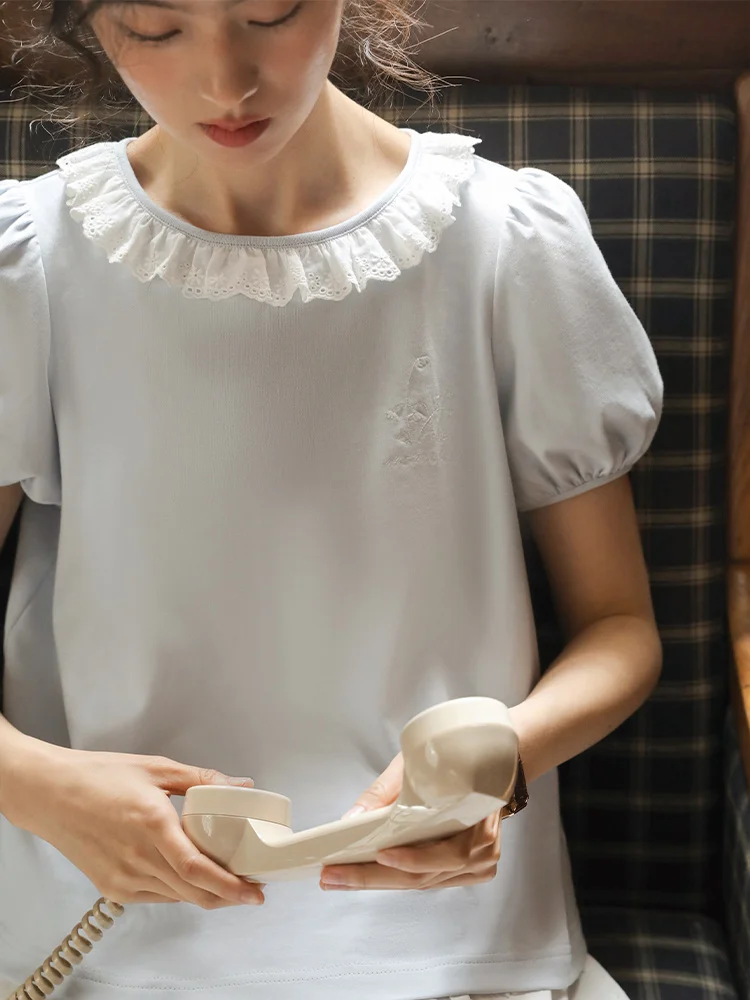 

Nesoulum Lace Trim Splice Embroidered Cotton T-irt Women's Summer Vintage Design ort Sve Loose Fit Color Top