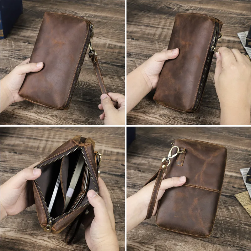 HTS-MC1028 RFID anti-theft brush retro crazy horse leather men's handbag with wrist strap and mobile phone storage bag