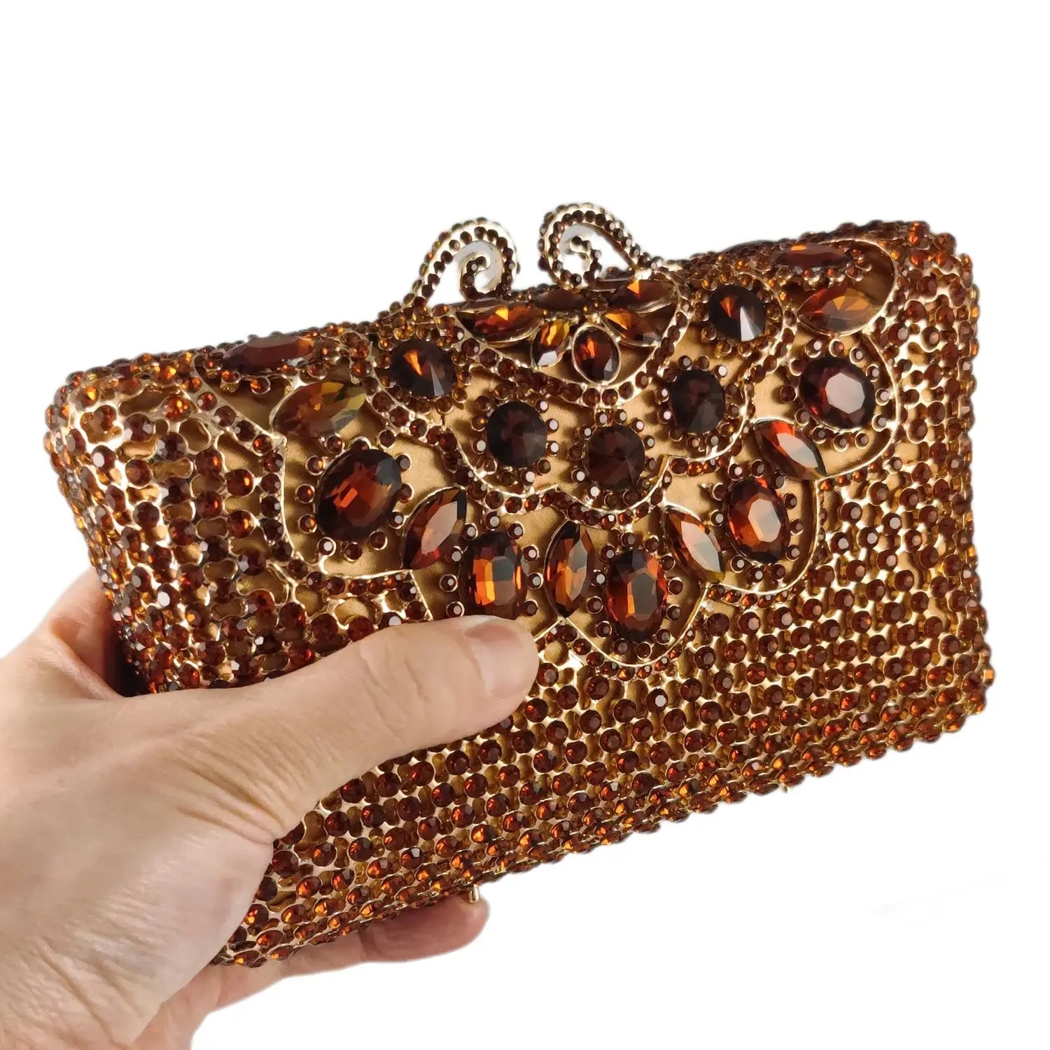 Boutique De FGG Women Brown Evening Bags for Formal Party Rhinestone Handbags Wedding Bridal Bronze Crystal Clutch Purse