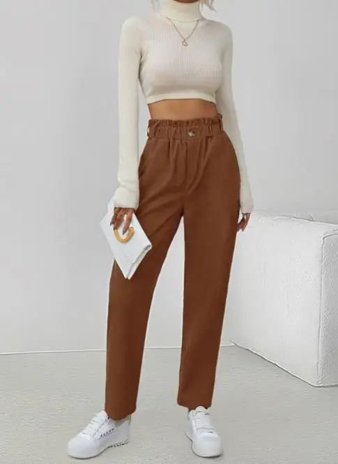 2025 جديد الخريف/الشتاء عادية أنيقة مطاطا تسع نقاط السراويل ركاب سروال قصير مستقيم الساق للنساء بنطلون أسفل