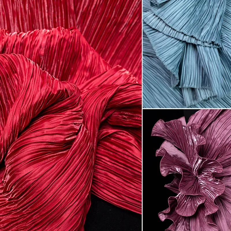 Folded Silk Satin Forged Fabric Shiny Luster Pleated Design for Party Graduation Dress Designer Fabric Patchwork Material