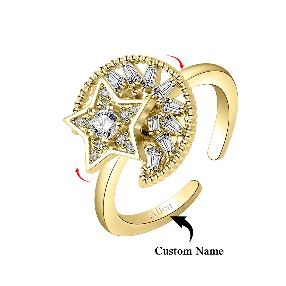 Custom Name Spinning Open Ring 925 Silver Ring Star Moon Zircon Spinning Ring Stress Relief Meditation Spinning Ring Woman Gift