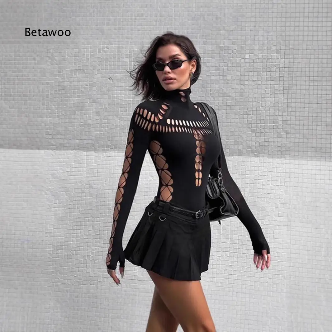 Women High Neck Cutout Long Sleeve Bodysuit Slim Fit Street Style Jumpsuit Fashion Garment For Daily Wear Club Activity And Tre