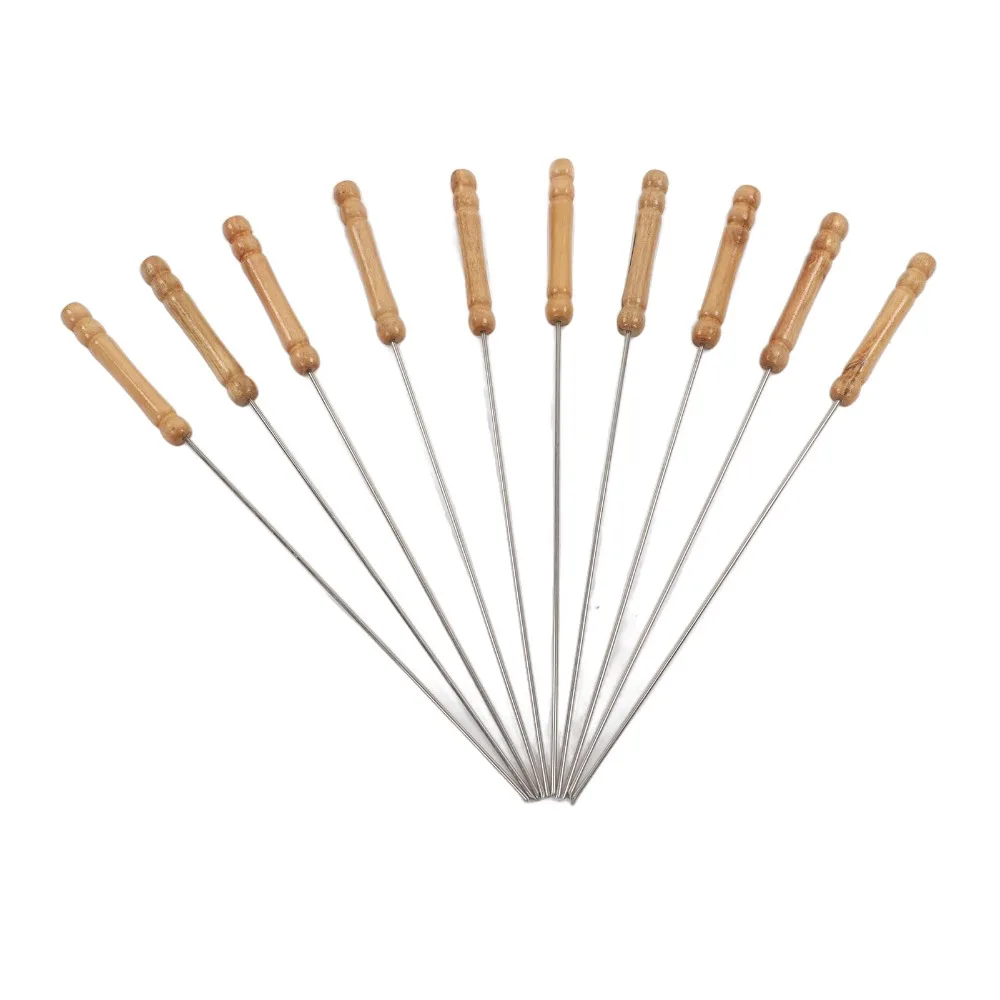 10PCS Wooden Handle BBQ Skewers Stainless Steel Heat Resistant Grilling Sticks Round Rod Barbecue Sticks Camping Cookout
