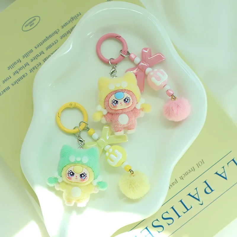 Cute Baby Three Doll Keychains Flocking Doll Keyring Backpack Bag Pendants Key Accessories Kids Favors Party Gifts Ornament