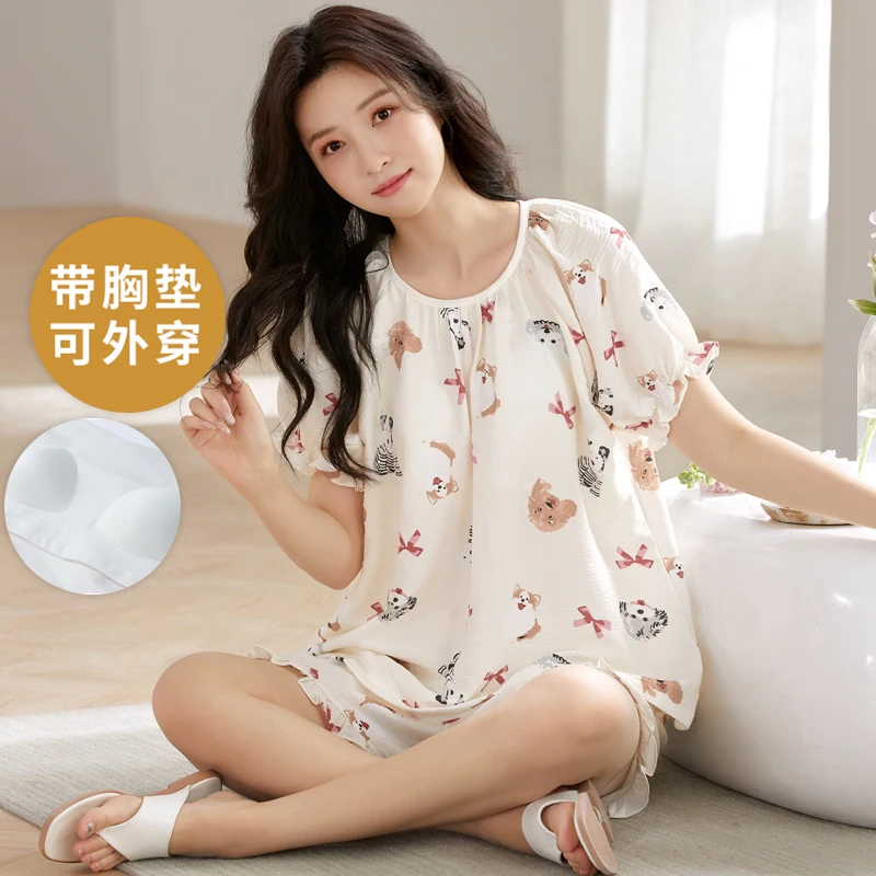Women's Summer Viscose Homewear with Bra pad O Neck Short Sleeves Sleeping Top Pants Pajamas Set Young Girl Female Pijamas Mujer