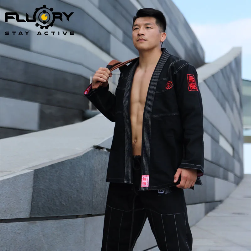 FLUORY High-Quality Embroidered Contrasting Brazilian Jiu Jitsu Suit Set Martial Arts Training Suit Jiu Jitsu Suit
