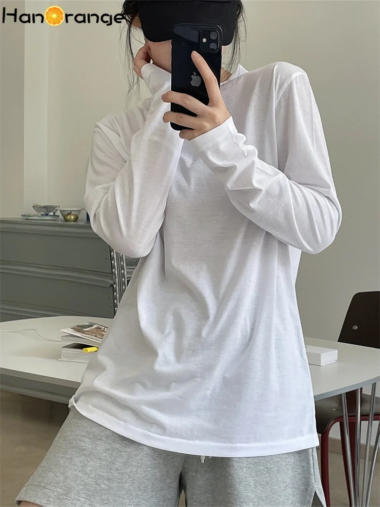 HanOrange 2024 Spring Simple Ins O-neck Long Sleeve T-Shirt Loose Thin Jelly Cool Skin-friendly Bottoming Thin Top Tees