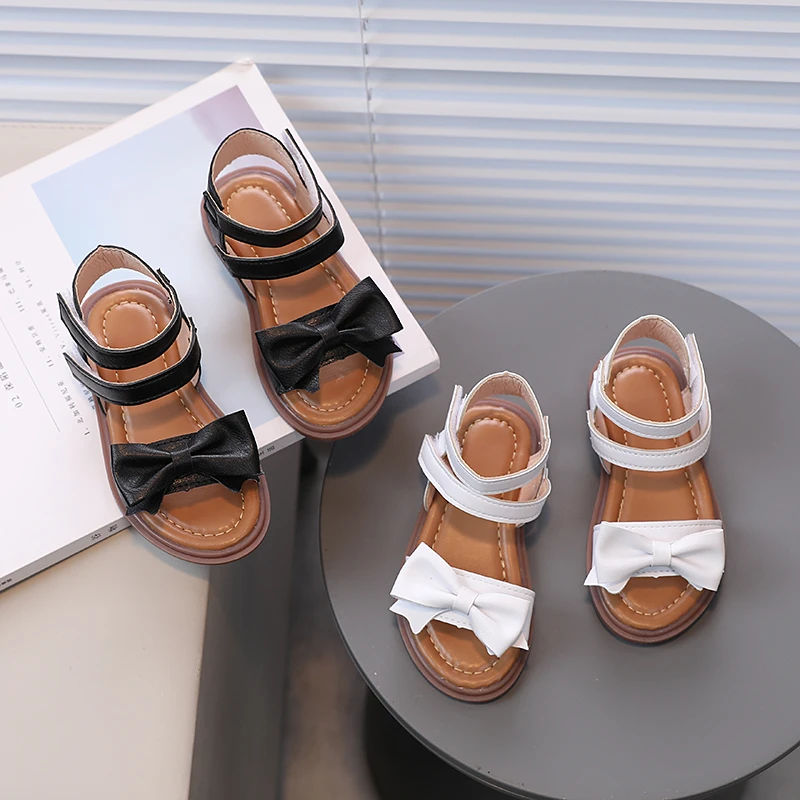 Little Children Sandals Ankle Strap Bowknot Black White Girl\'s Sliders 21-30 Toddler Pu Leather Flexiable Summer Kids Flat Shoes