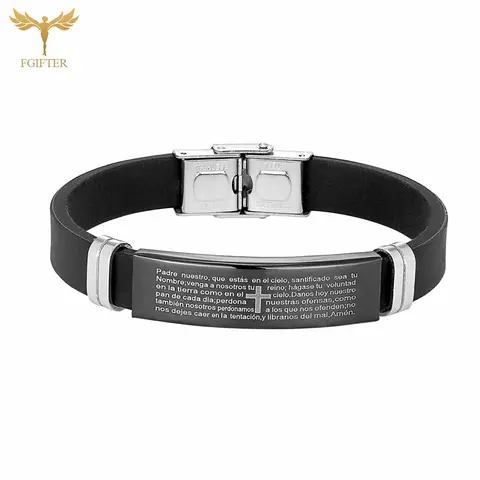 Catholic Spanish Lord's Prayer Padre Nuestro Scripture Cross Bracelet Stainless Steel Silicone Bangle Religious Believer Gifts