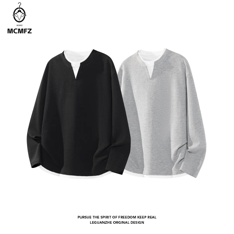 Breathable Waffle Henley Pullover Men Long Sleeve Notch Neck Mock Layer Hem Versatile Everyday Streetwear Garment
