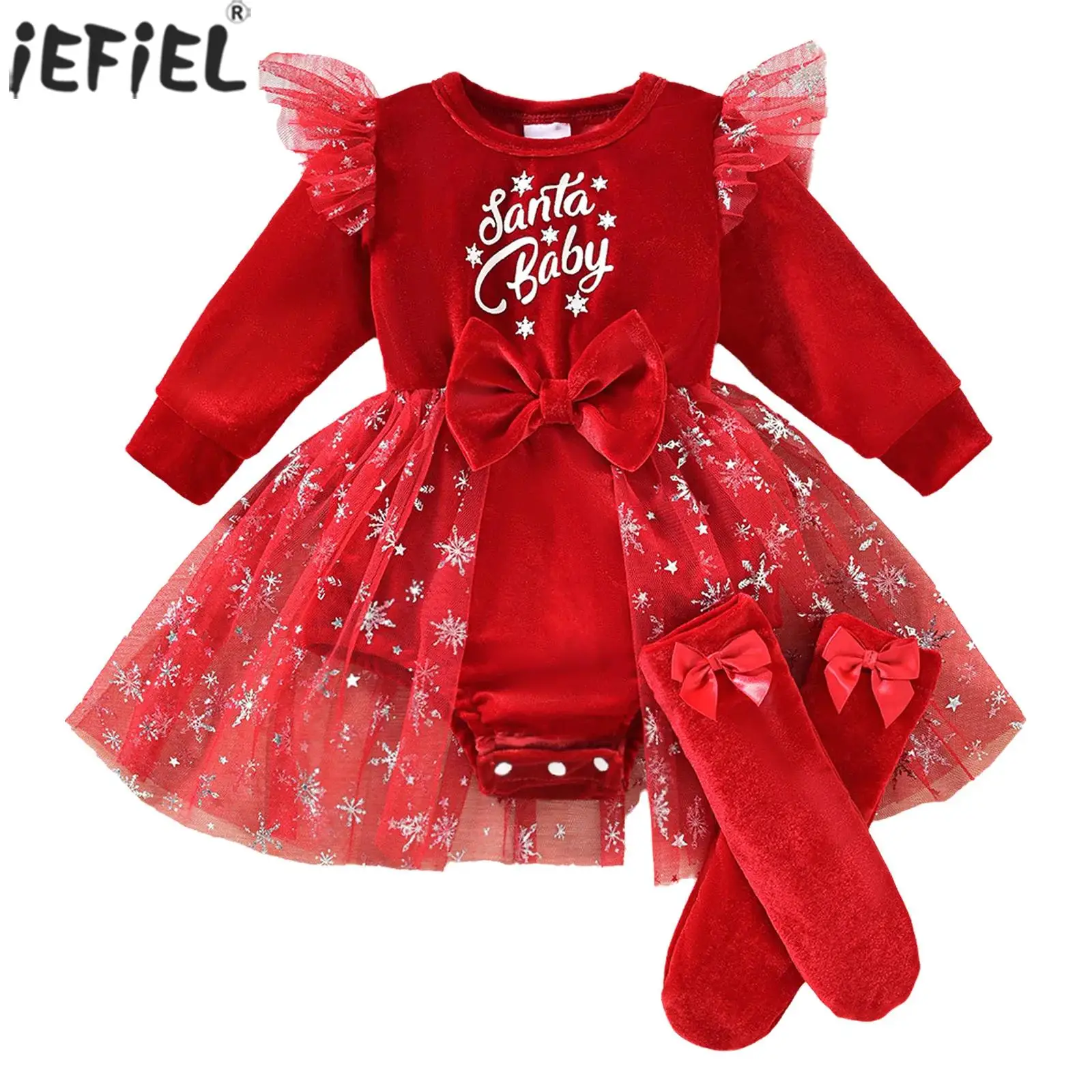 

1-12M Baby Girls Christmas Party Outfit Long Sleeves Bowknot Sheer Tulle Skirted Velvet Romper with Socks Xmas New Year Clothes