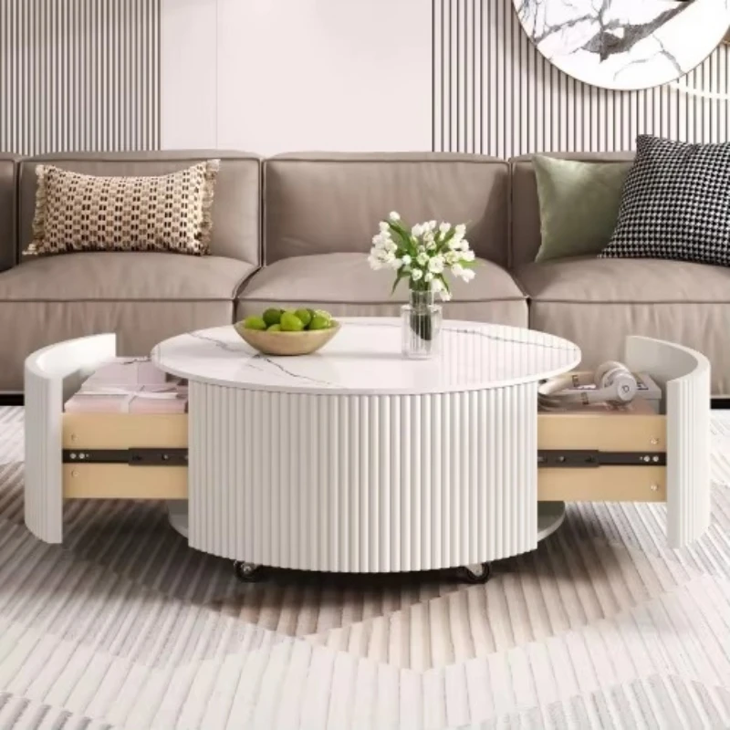 White round burnt stone coffee table with 2 storage drawers and casters, modern style removable living room side table