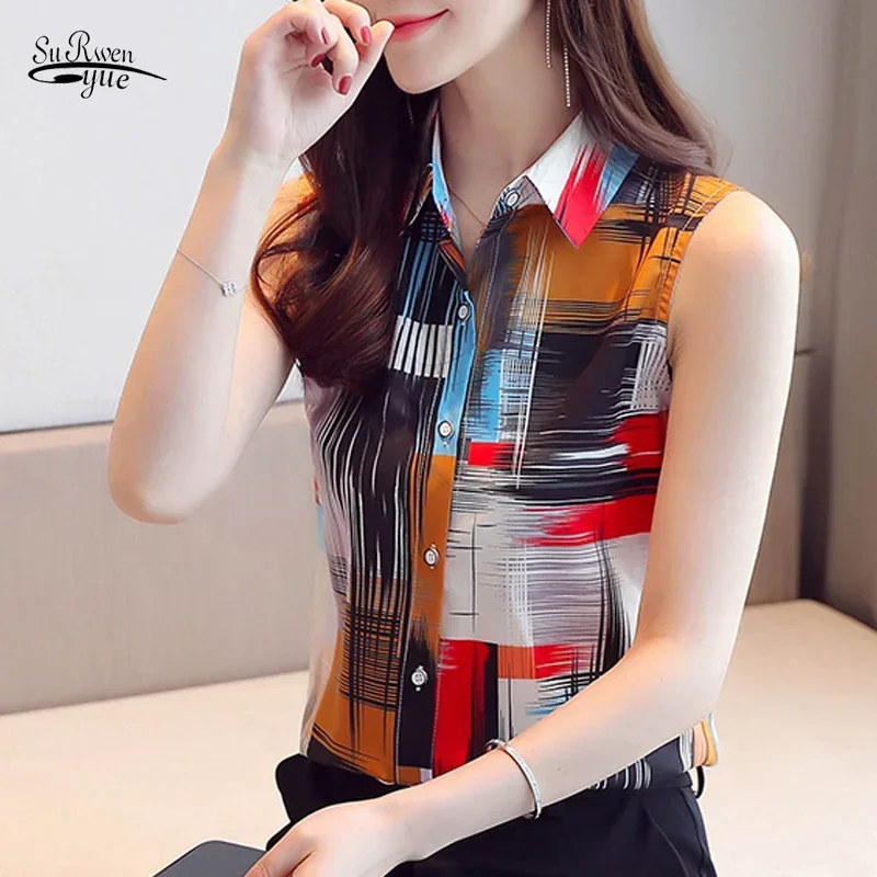 

Casual Loose Cardigan Women's Shirt Spring New Summer Sleeveless Chiffon Shirt For Women Printed Ladies Tops Clothes 9456 50