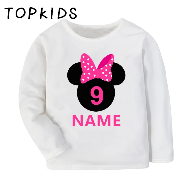 1 2 3 4 5 6 7 8 9 10 Years Birthday Cute Mouse Girls T-shirts Custom Name Baby Long Sleeve Tshirt Cute Kids Clothes Gift Present