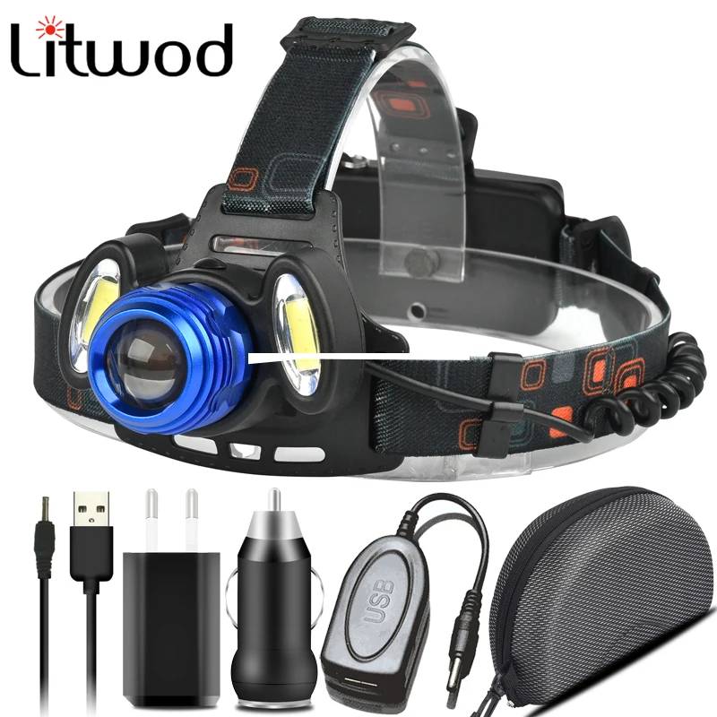 

Led Headlamp Zoom Head Lamp Flashlight Torch XM-L T6 & 2* Cob Outdoor for Camping Waterproof Usb Rechargeable 2x 18650 Battery