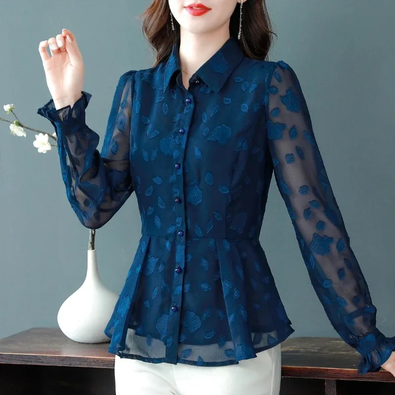 Spring Chiffon Shirt Women's Long-sleeved Temperament Waist Women's Small High-end Foreign Style Middle-aged Top Clothes