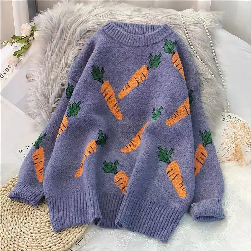 Women carrot sweater pullovers womens clothing Winter Autumn Turtle Neck Print Knitted Loose Tops one size knitwear jerseys