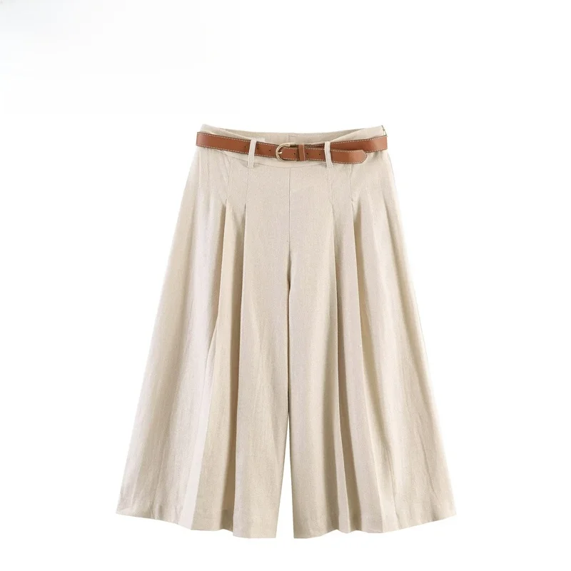 

Casual Long Short Pants Women's Fashion Belted Waist Versatile Style Polyester Fiber High Waist Straight Leg Summer Shorts