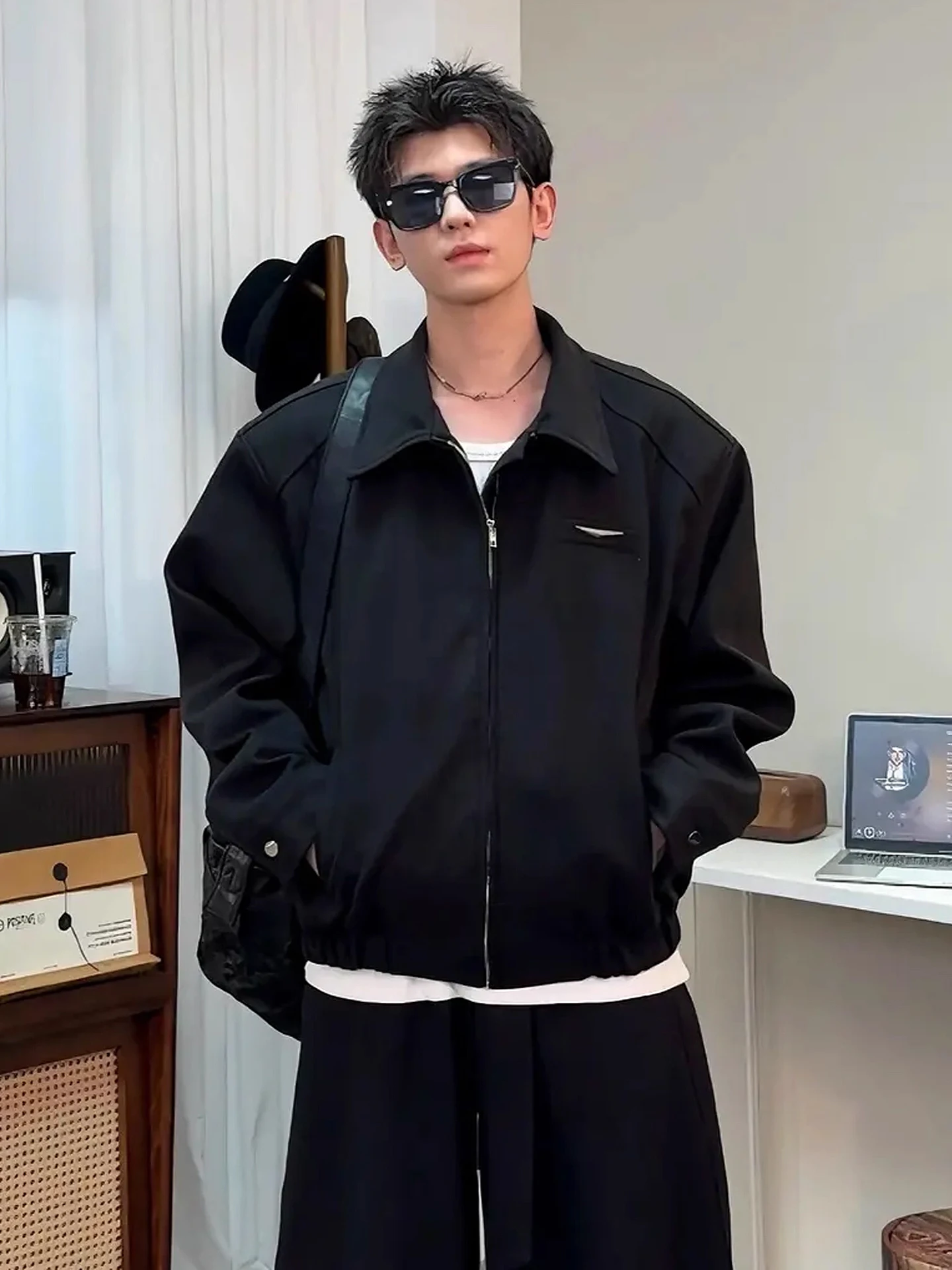 

American Sle oulder Padded Bla Jaet Men's ort Cleanfit Baseball Retro Workwear Adstrative Jaet Autumn Faion