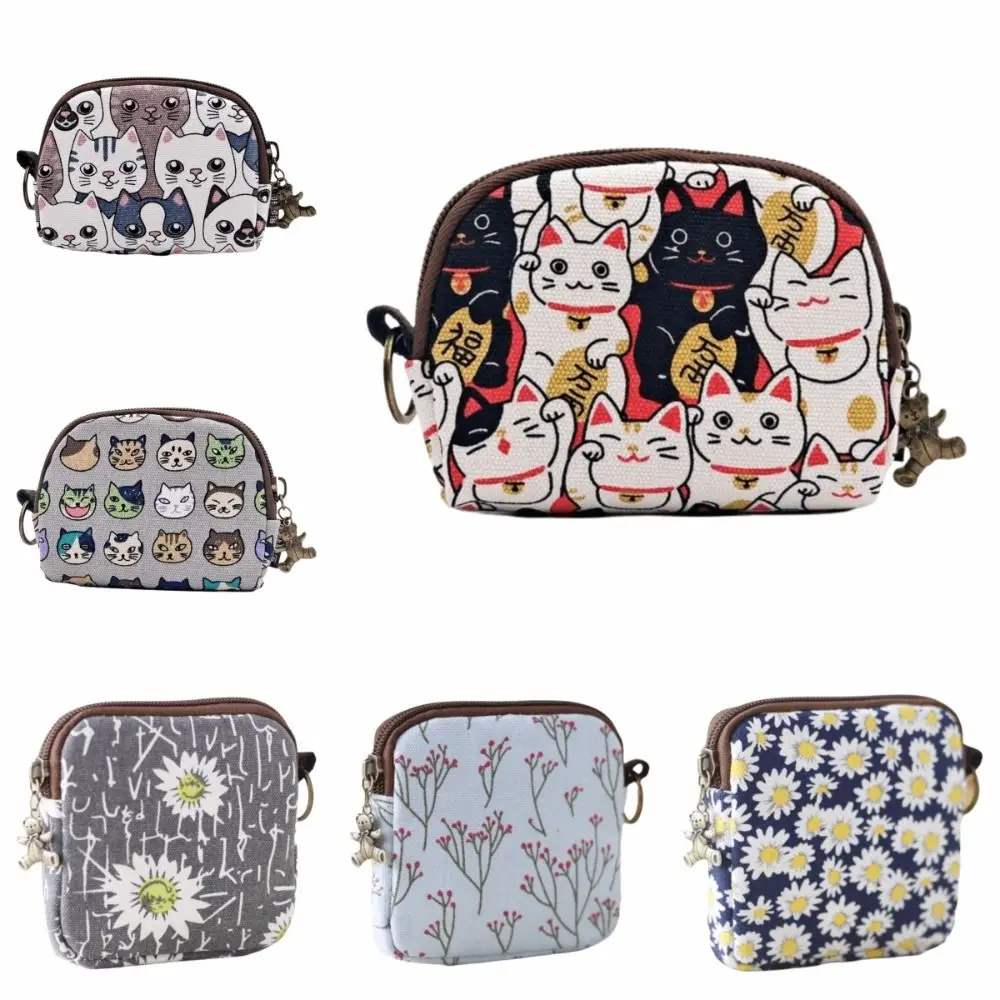المحمولة خمر مطبوعة محفظة نسائية للعملات المعدنية القط قماش تغيير المال المنظمون سستة حقيبة التخزين حقيبة مستحضرات تجميل صغيرة النساء الفتيات
