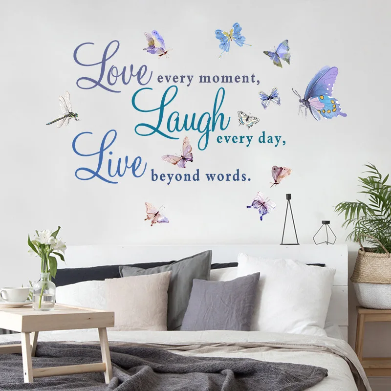 LOVE LAUGH LIVE Wall Sticker Color English Butterfly Bedroom Living room Background Home Decoration Decals Wallpaper Stickers