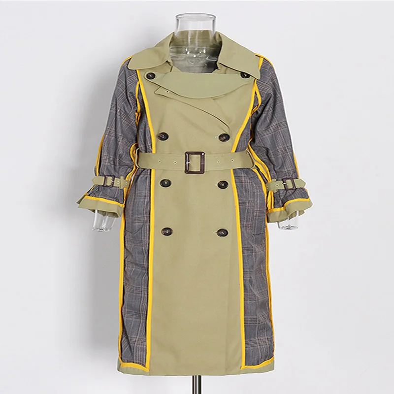 

Vintage colorblock women trenchcoat fashion patchwork long sleeve trench coat with belt