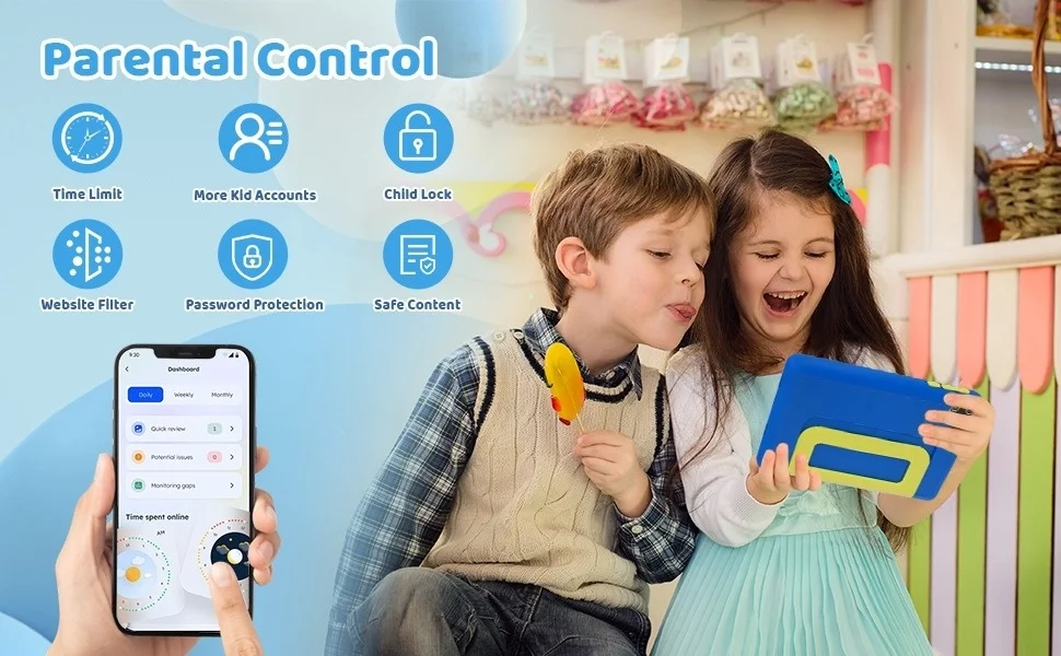 7 Inch Kids Tablet Android 13 8(2+6)GB RAM 64GB ROM Parental Control Dual Camera with Shockproof Case 2500mAh Kids Software