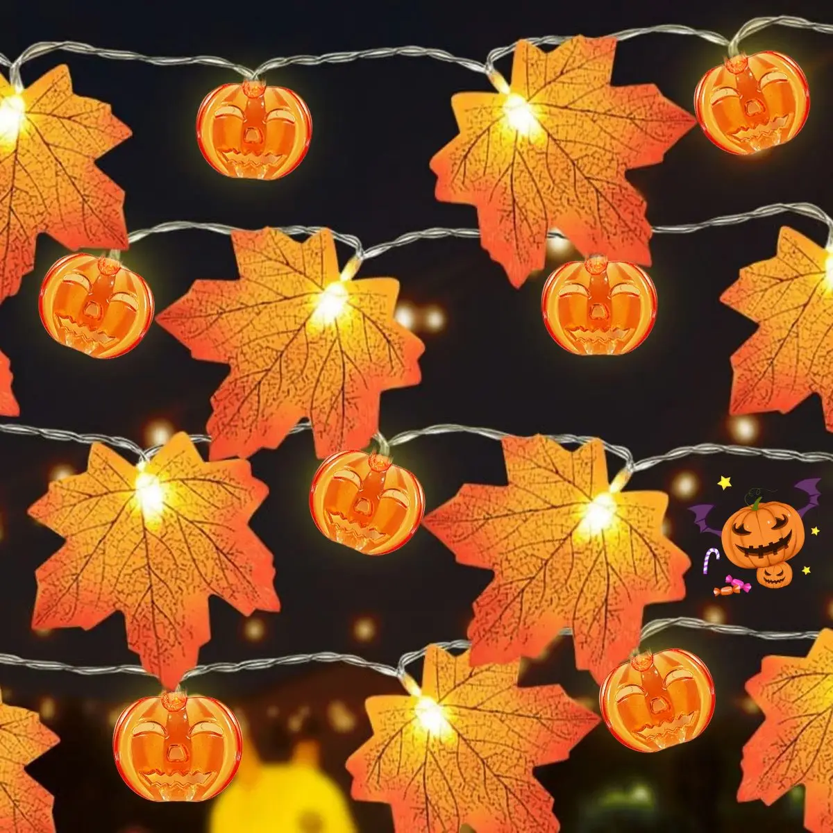 1pc Maple Leaf & Pumpkin 10/20 LED String Lights Battery Operated For Home Indoor Outdoor Halloween Holiday Party Decoration