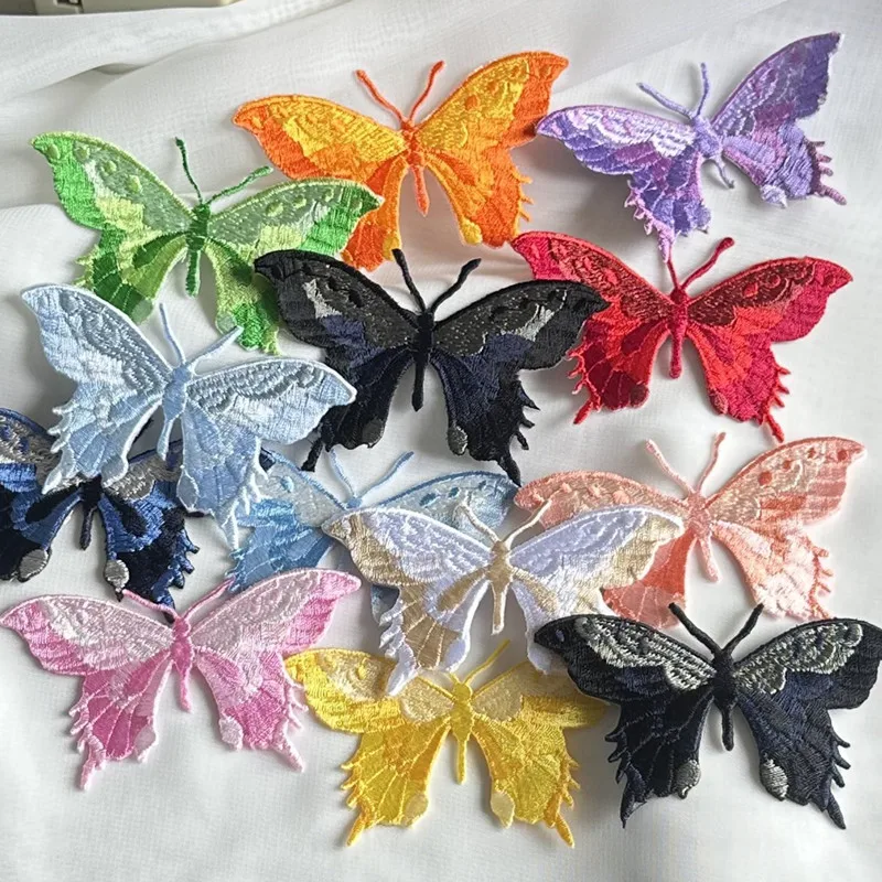 3Ps Small Butterfly Embroidery Patch Lace Animal Applique Iron On Sticker Clothes Dress Decor Accessory DIY Blue Pink Black