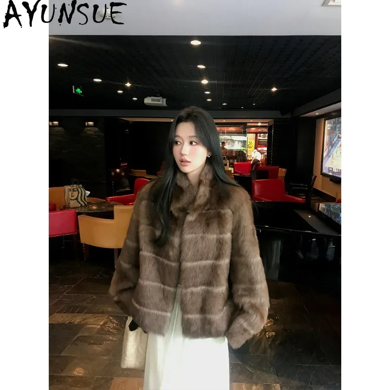 

AYUNSUE Real Fur Jackets for Woman Fashion Warm Shearling Coat Stand Collar Leather Fur Jacket Winter Outerwears Woman Clothes
