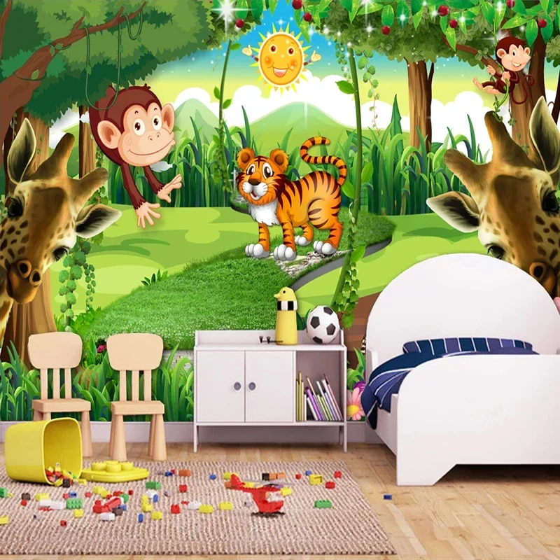 

Custom 3D Mural Wallpaper Waterproof Canvas 3D Cartoon Forest Animal Tiger Monkey Giraffe Kids Room Bedroom Photo Wall Painting