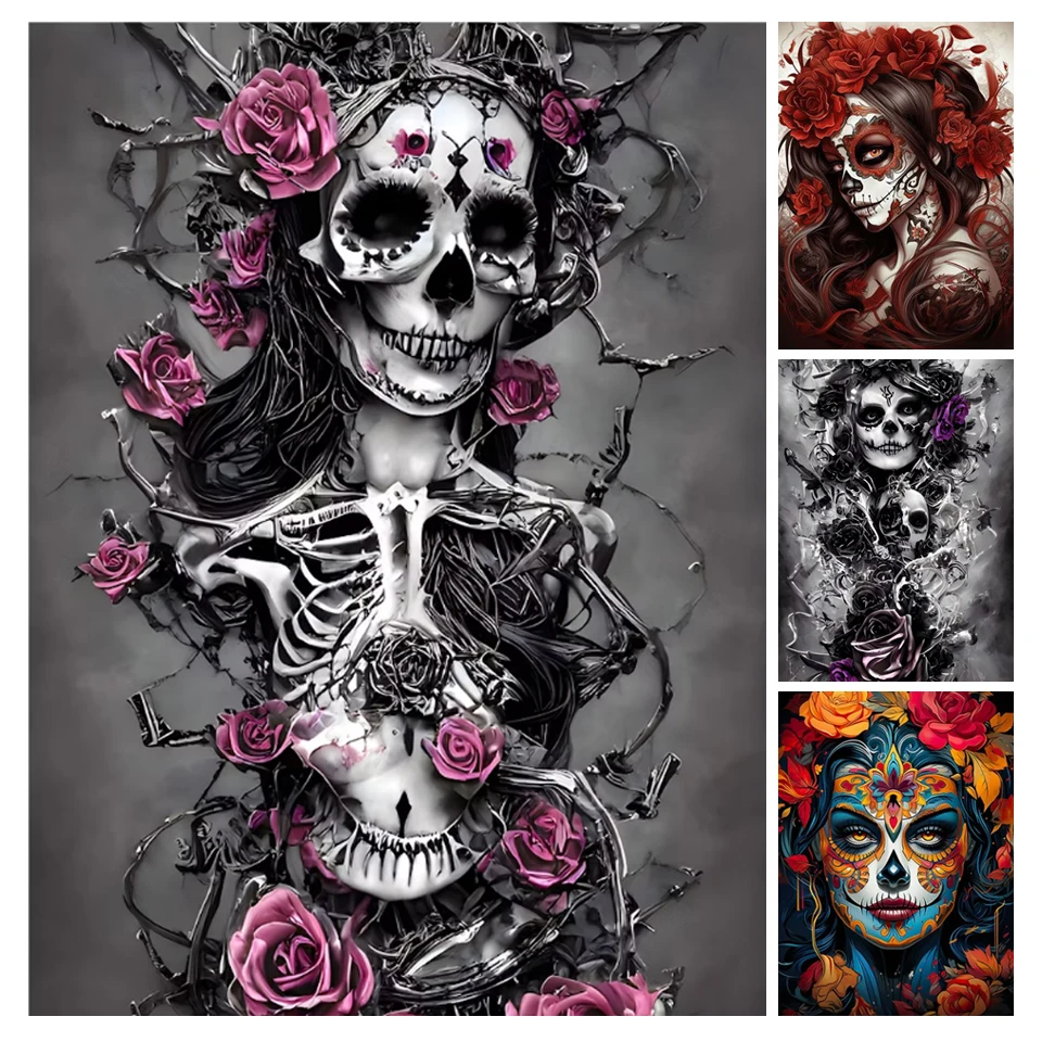 

Day Of The Dead Skull Art DIY Diamond Painting Abstract Woman Full Round Square Diamond Mosaic Embroidery For Home Decor