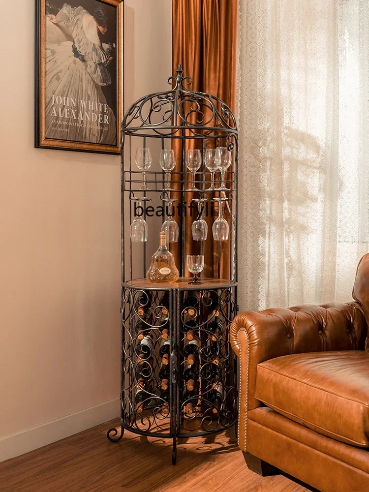 Retro European-Style Iron Wine Cabinet Restaurant Wine Rack Creative Bird Cage Floor Shelf