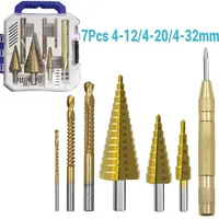 7Pcs HSS Step Drill Bit Sets  4-12/4-20/4-32 Straight Groove Titanium Coated Cone Hole Cutter Automatic Center Punch Twist Drill