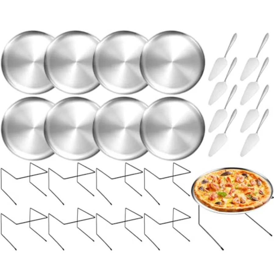 

24 Pcs Pizza Pan Riser Stand Set 8 Metal Pizza Table Stands + 8 Nonstick Pizza Pans + 8 Pie Servers Gold Pizza Rack and Tray fo