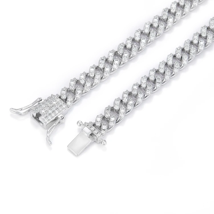 Fashion Single Row 6mm 10mm Gra Moissanite Chain 925 Solid Silver Hip Hop Necklace Rapper Cuban Link Chain