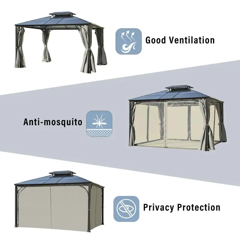 شرفة خارجية صلبة مقاس 10 × 12 بوصة، مظلة فناء سقف مزدوجة شديدة التحمل مع إطار من الألومنيوم، شبكة ناموسية للجدران الجانبية بطبقة مزدوجة #4